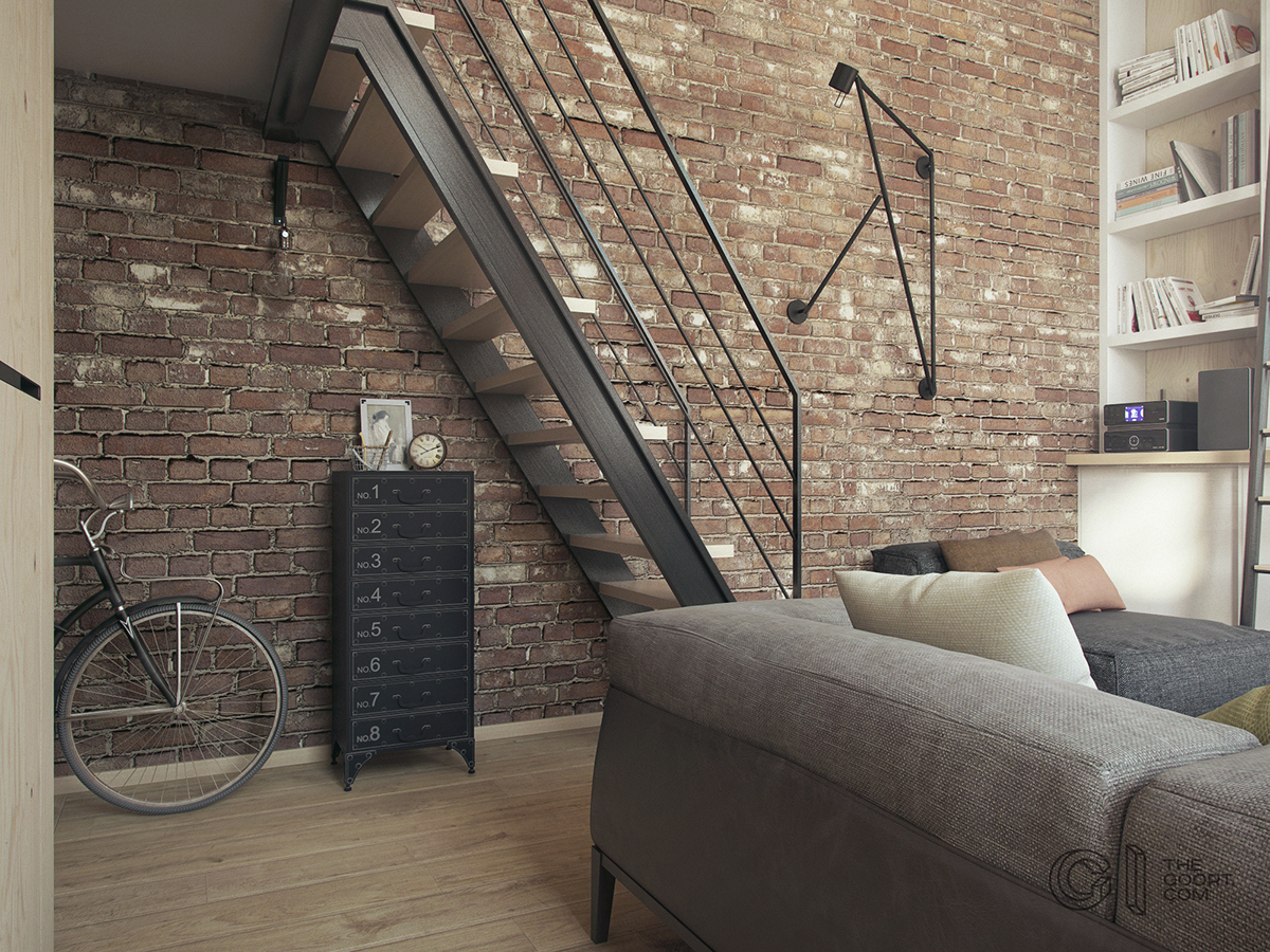 На верхний уровень квартиры ведет стальная лестница в стиле лофт. Под лестницей удобно ставить велосипед