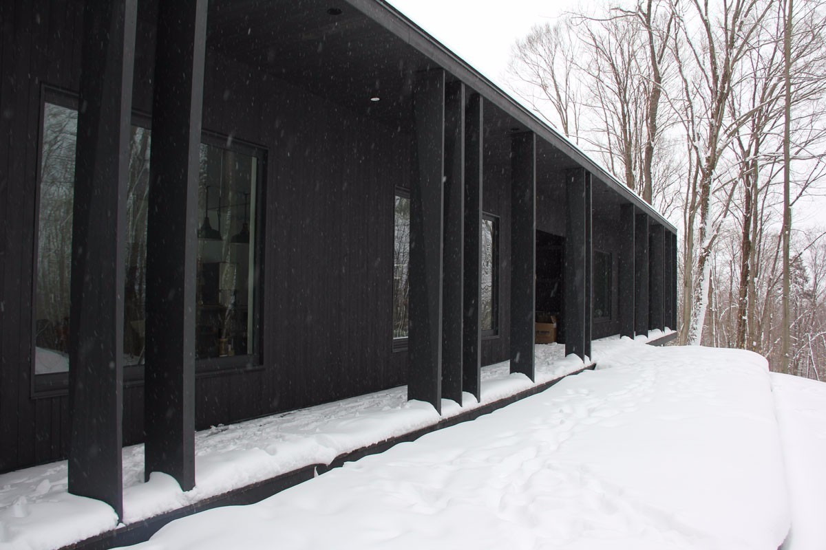 Черный дом контрастирует с заснеженным зимним лесом