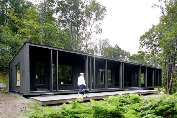 Черный фасад небольшого дома подчеркивает красоту и яркость окружающей зелени