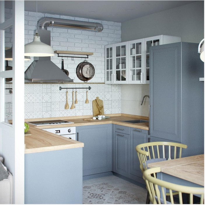 Кухня в серых тонах, кирпичной стеной и фартуком со скандинавским орнаментом. Столовая является частью кухни