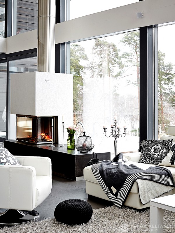 Дизайн гостиной выполнен а контрастных черно-белых тонах.