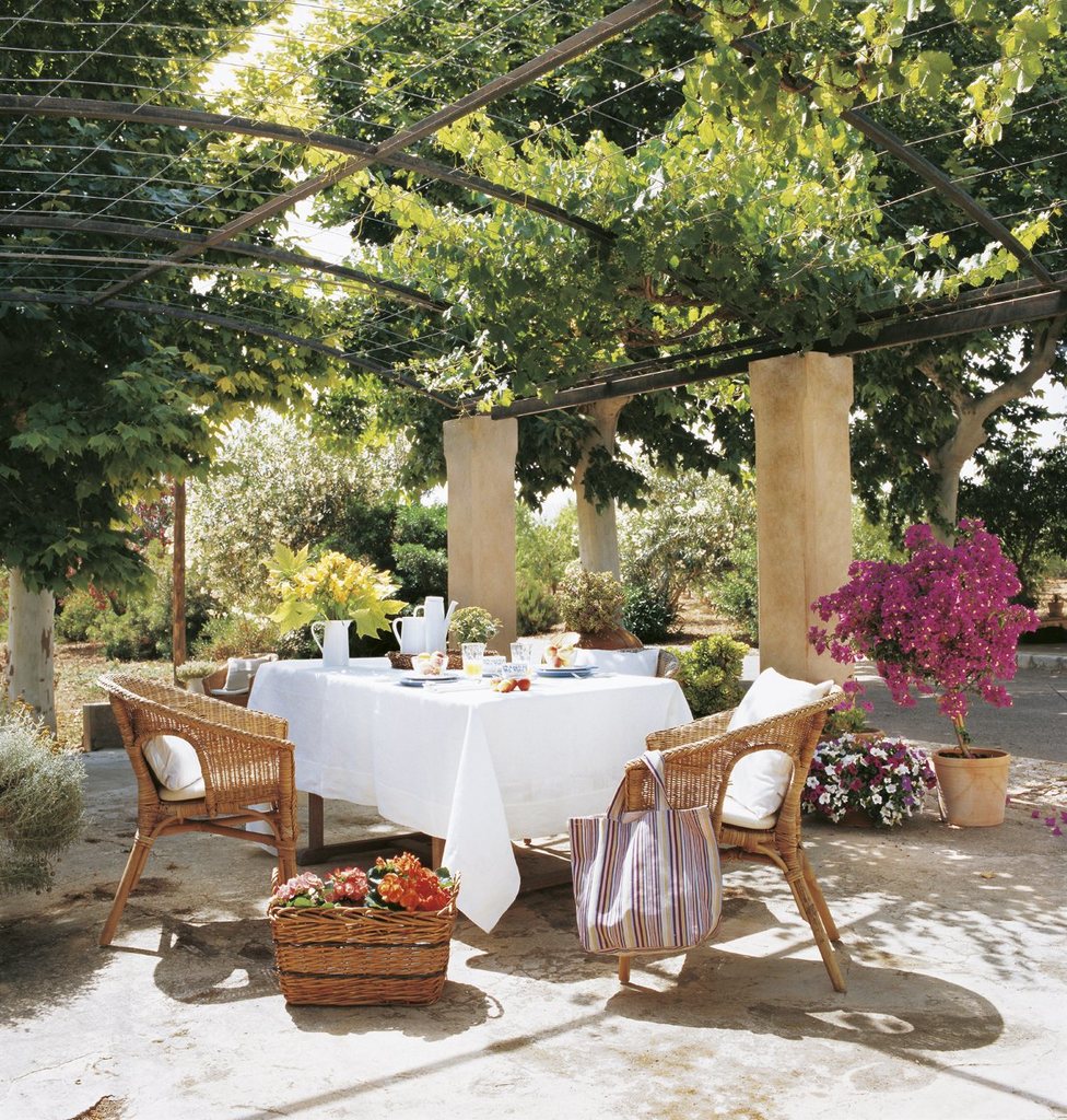 Пергола заросшая виноградом - отличное место для размещения летней столовой.