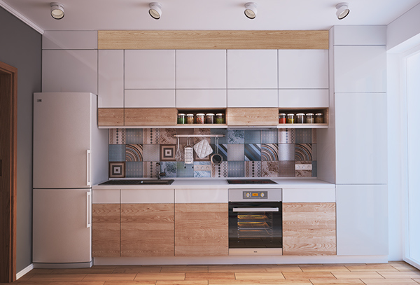 Фасад кухни - это комбинация светлого дерева и нейтральных белых фасадов. В такой фасад отлично вписался белый холодильник.