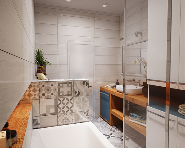 Интерьер ванной, в целом, построен на контрасте холодных серых оттенков и теплых древесных фактур столешниц и полок
