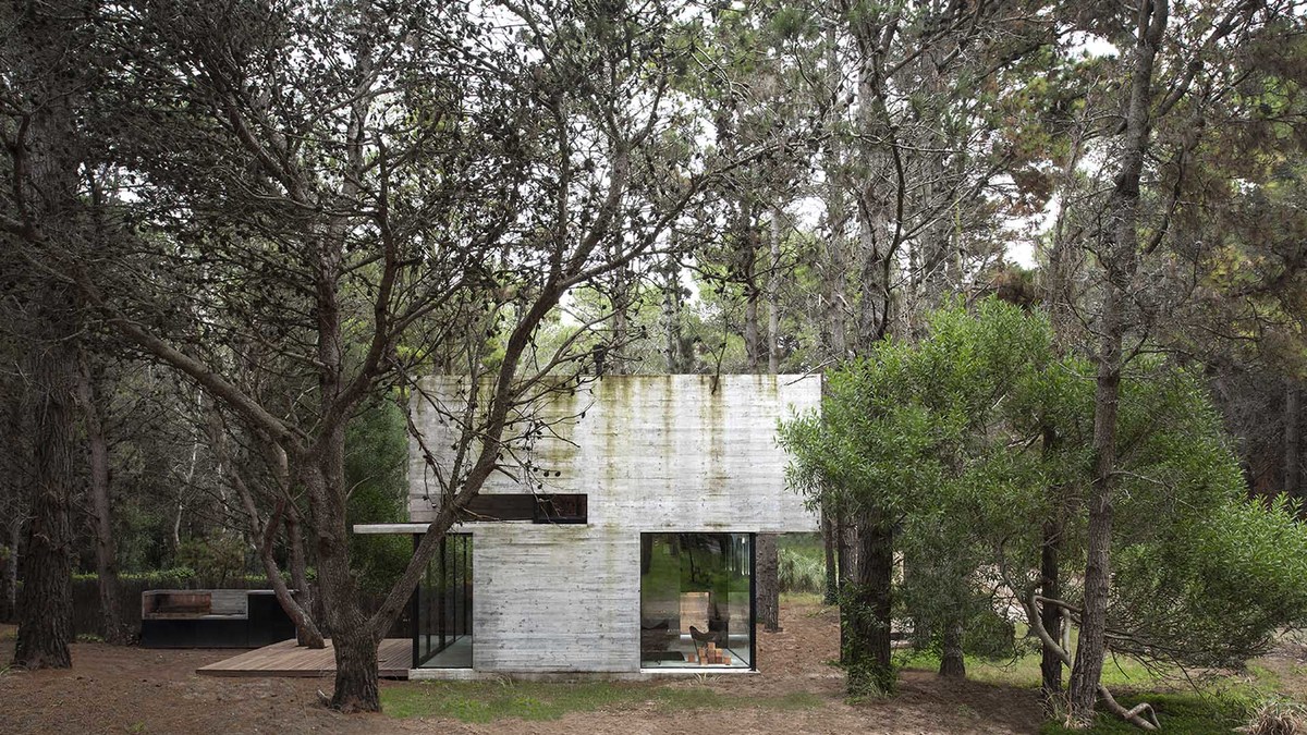 Силуэт бетонного дома в лесу выглядит явно рукотворным объектом, но не вызывает отторжения