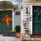 Оранжевое приведение и стая летучих мышей украшающие входную дверь.