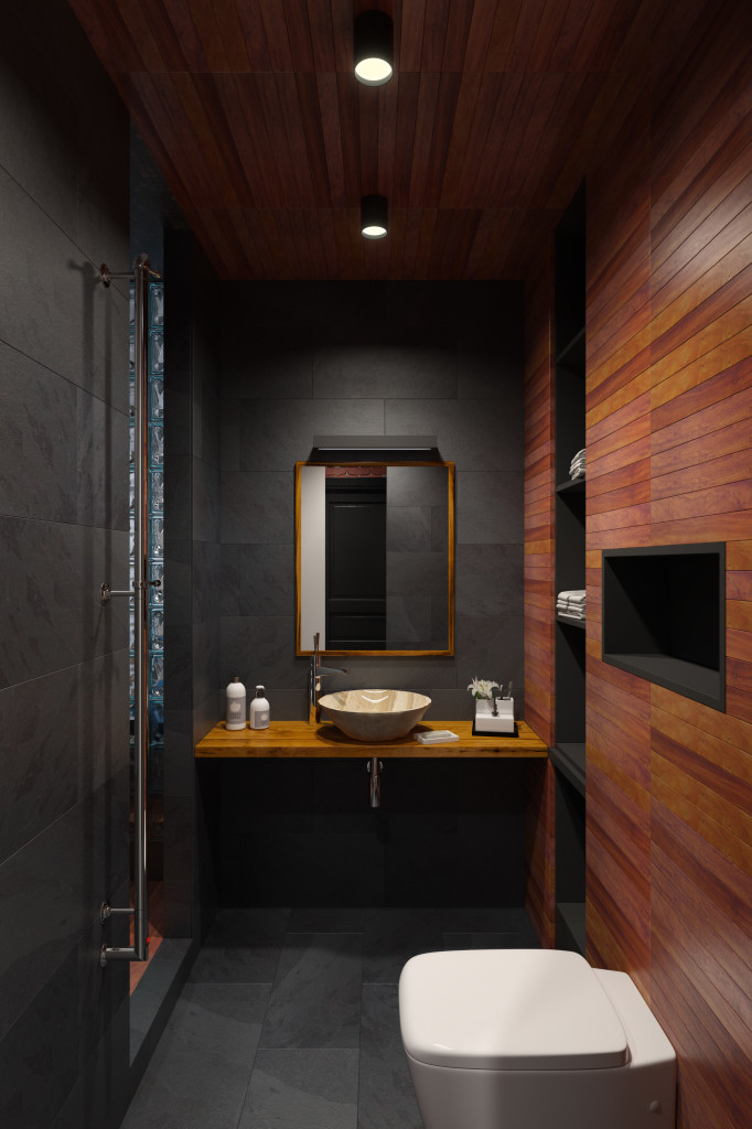 Ванная комната в темных тонах с использованием натурального сланца и доски тика