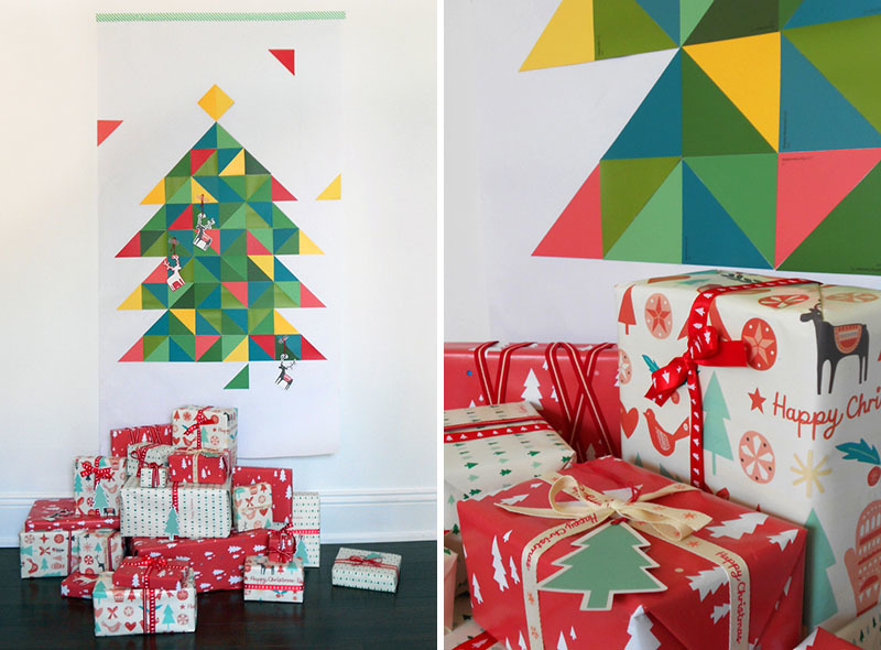 Такая рождественская елка из нарисованных геометрических фигур может подойти к самому необычному интерьеру. Плюс ко всему она не занимает места в комнате.