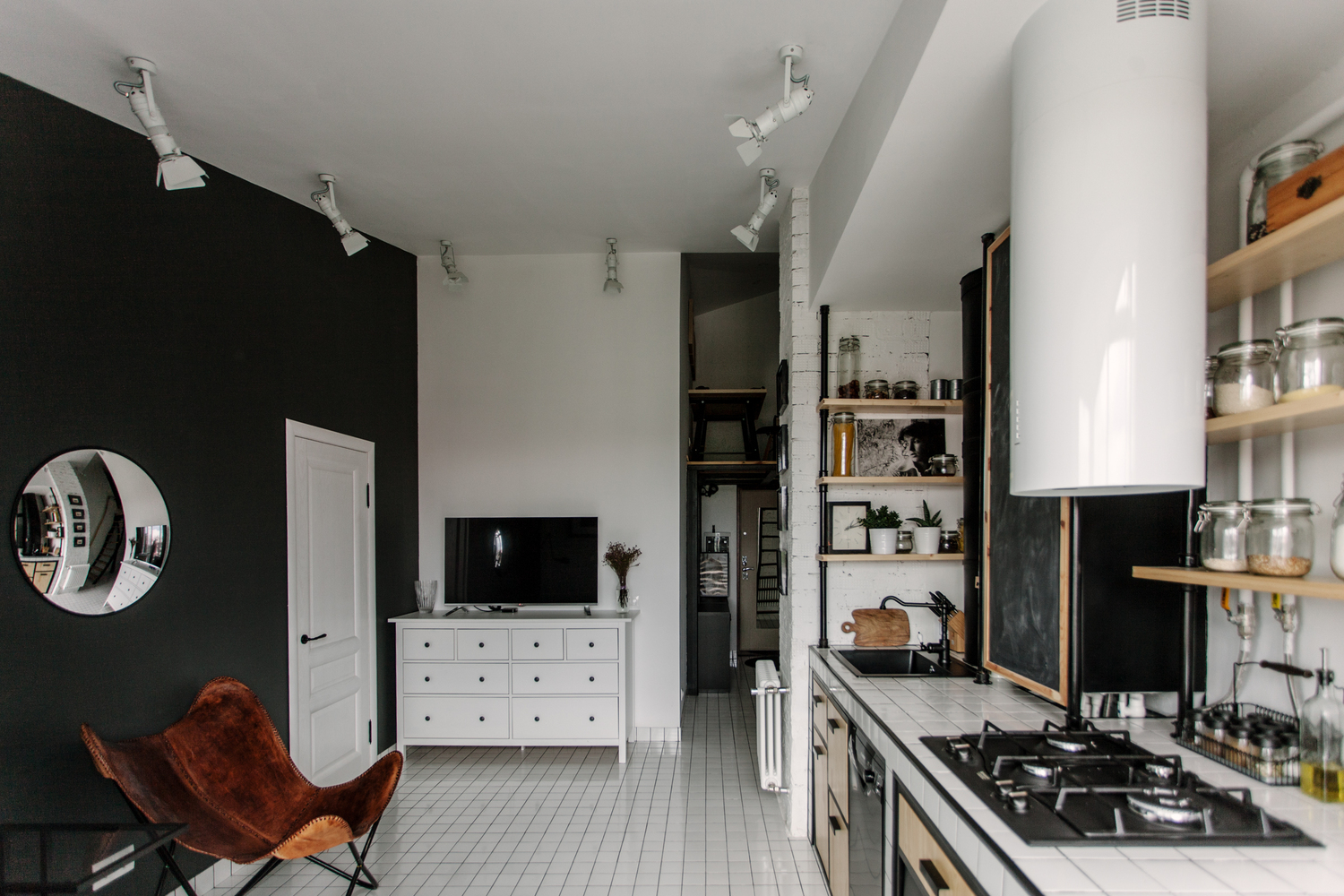 Дизайн жилой комнаты совмещенной с кухней. Телевизор удобно разместился в противоположной от дивана и окна стороне