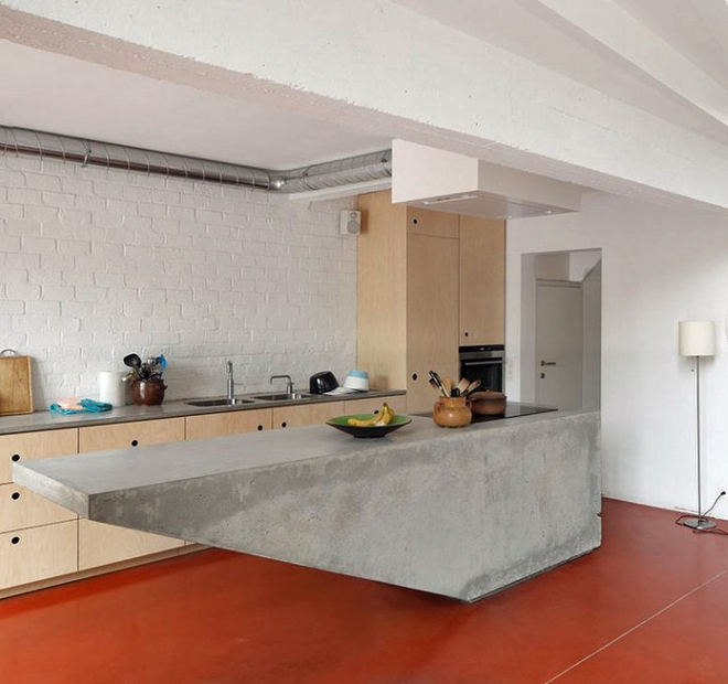 Элегантный бетонный кухонный остров в стиле минимализм подойдет практически к любому современному интерьеру