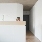 Длинная белая кирпичная стена подчеркивает длину квартиры визуально создавая ощущение большого пространства.