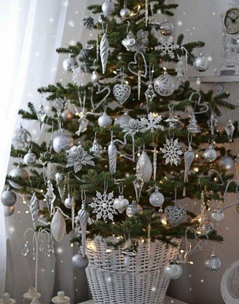 Небольшая елка в белой корзинке украшенная серебристыми шарами, сосульками и снежинками.